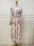 Floral Print Lacey Border Elegant Square Neck Long Sleeves Sundress